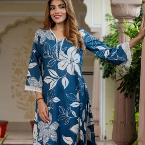 Teal Cotton Print Work Casual Kurti for Casual